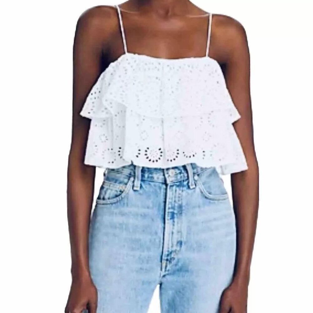 ALICE + OLIVIA Marylynn Shirt Size 4 Eyelet Ruffle Crop Top Off White